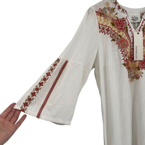 Paparazzi Gianna Linen Blend Embroidered Knee Length Dress Ivory Boho Medium - Picture 4 of 7